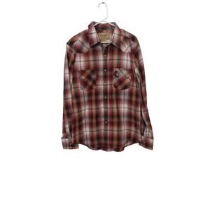Wrangler Retro Shirt Mens Size Large L Red Plaid Pearl Snap Cowboy Rodeo Beige